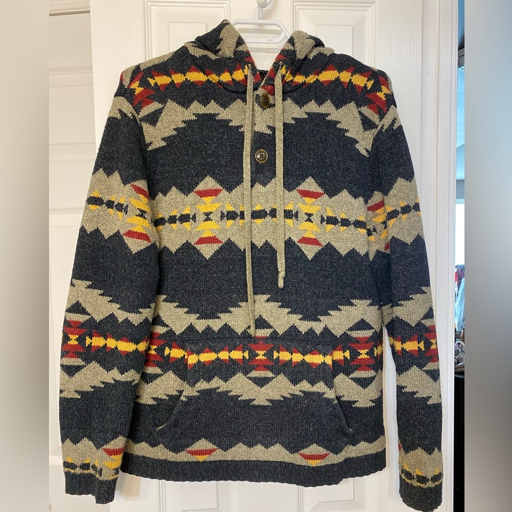 American Eagle Men M Blue Gray Aztec Southwestern Hooded 1/4 Button Sweater